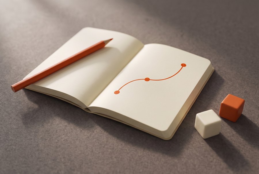 Cuaderno abierto con la ruta del método dibujada en naranja
