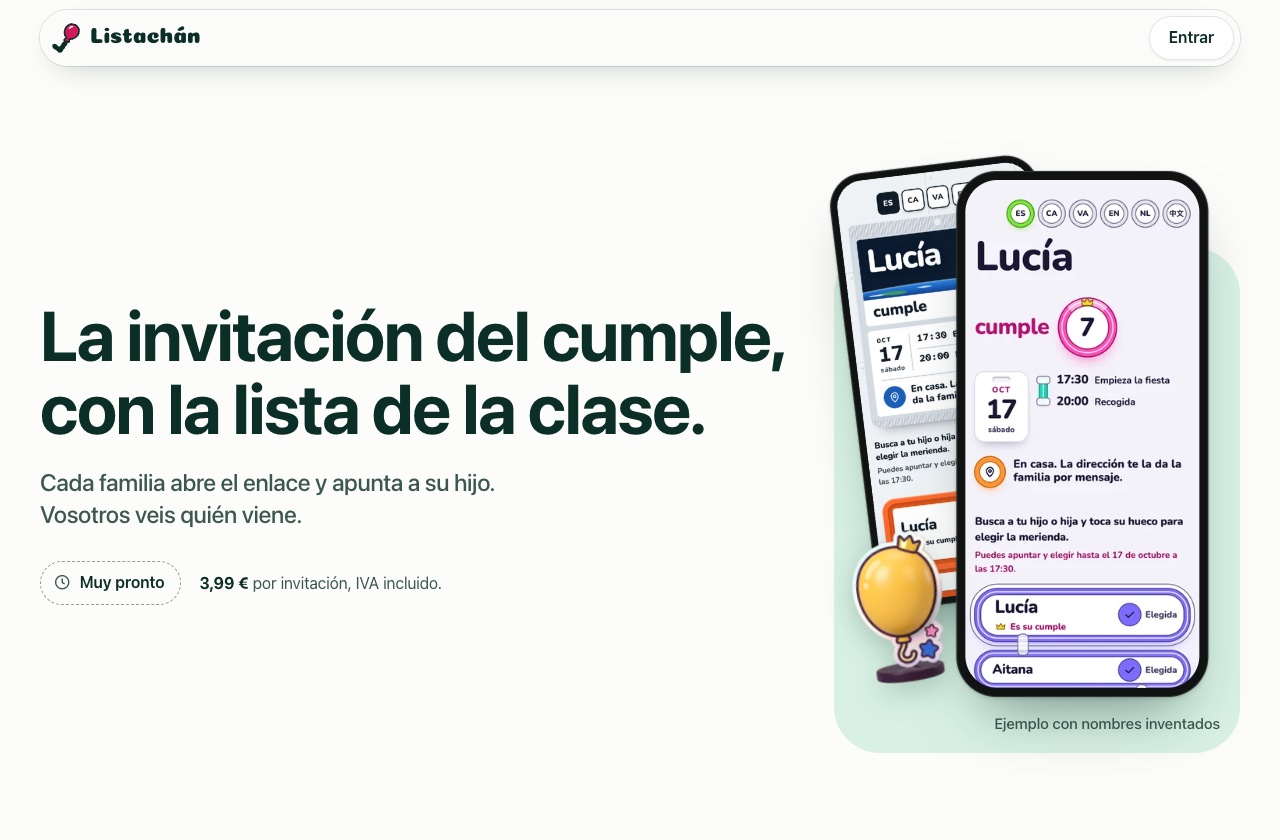 Portada de Listachán con invitaciones de ejemplo en los mundos Espacio y Neón.